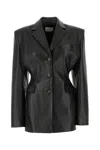 Magda Butrym Leather Blazer With Waist Belt And Notched Lapels In Black