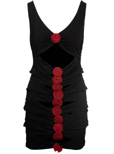 MAGDA BUTRYM BLACK MINI DRESS WITH SIGNATURE ROSE APPLIQUÉ IN VISCOSE WOMAN