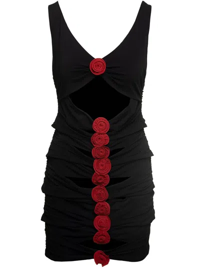MAGDA BUTRYM MAGDA BUTRYM BLACK MINI DRESS WITH SIGNATURE ROSE APPLIQUÉ IN VISCOSE WOMAN