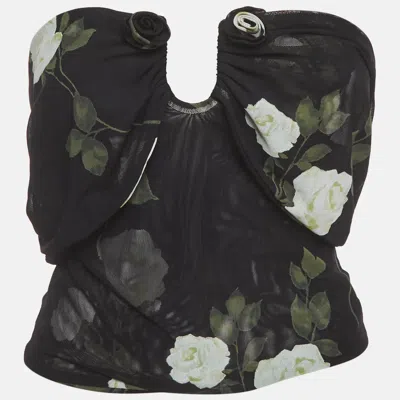 Pre-owned Magda Butrym Black Rose Print Mesh Sheer Ruched Crop Top S