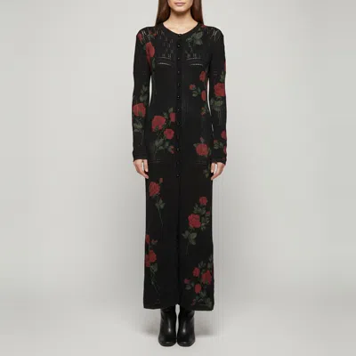 Pre-owned Magda Butrym Black Rose Print Pointelle Knit Long Cardigan S