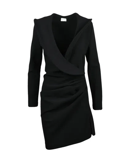 Magda Butrym Black Sculptural Draped Stretch Wool Midi Dress
