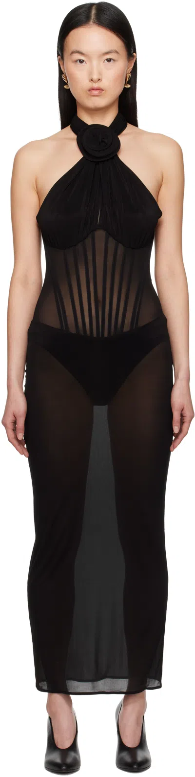 Magda Butrym Black Sheer Halter Bustier Midi Dress