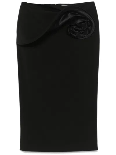 MAGDA BUTRYM BLACK SKIRT WITH RUCHED ROSE DETAIL