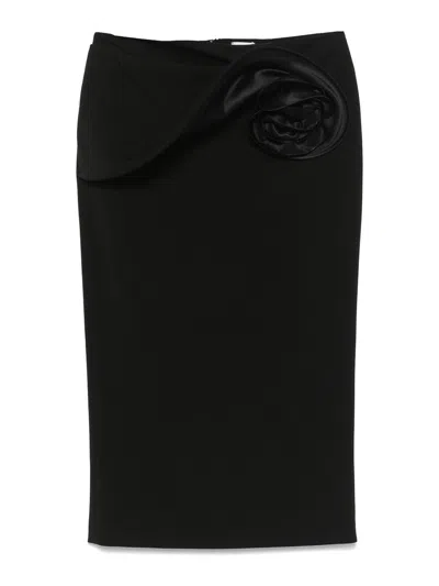 MAGDA BUTRYM BLACK SKIRT WITH RUCHED ROSE DETAIL