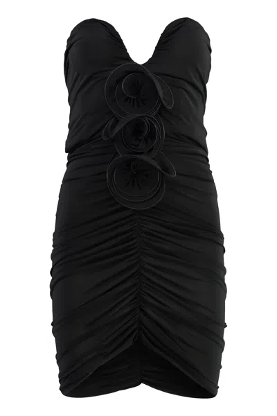MAGDA BUTRYM BLACK VISCOSE DRESS WITH SWEETHEART NECKLINE AND DECORATIVE FLOWERS