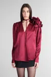 Magda Butrym Satin Blouse W/ Rose Detail In Bordeaux