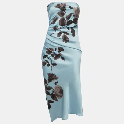 Pre-owned Magda Butrym Blue Floral Print Satin Strapless Ruched Midi Dress S