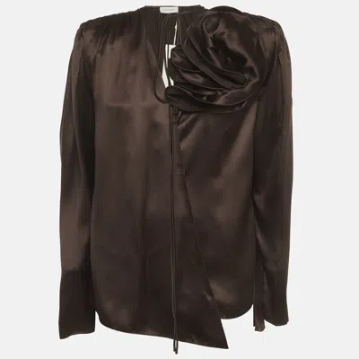 Pre-owned Magda Butrym Brown Floral Applique Satin Blouse S