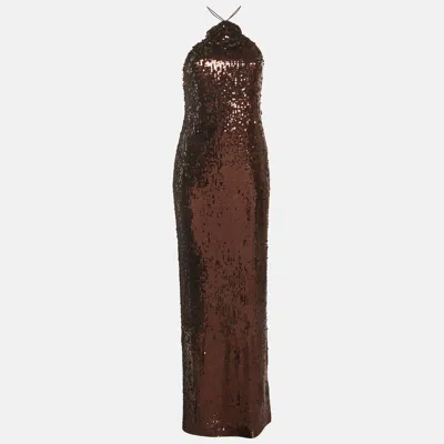 Pre-owned Magda Butrym Brown Sequin Embellished Halter Neck Gown S