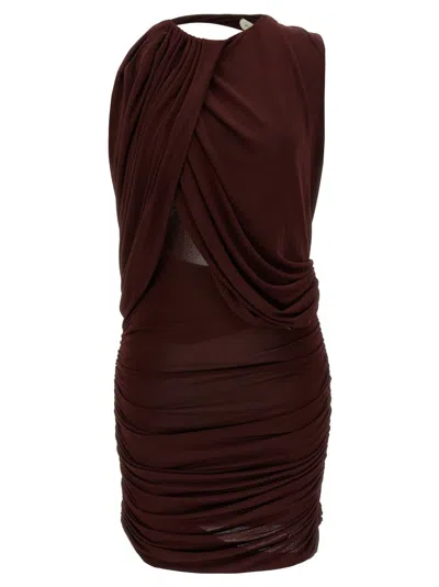 MAGDA BUTRYM BURGUNDY RUFFLED MINI DRESS WITH DRAPING