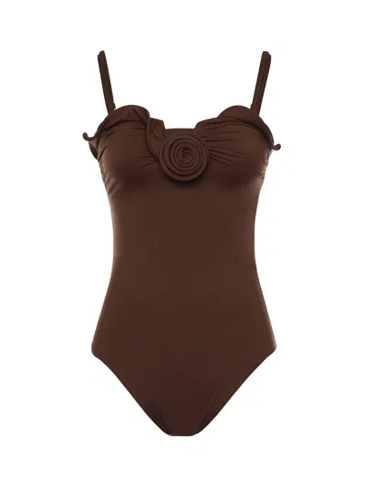 Magda Butrym Bustier Swimsuit With Sculptural Rose In Brown