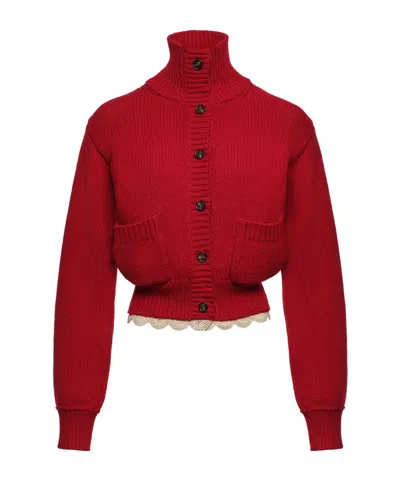 Magda Butrym Cinched Wool Cardigan With High Collar And Lace Trim In Red