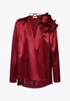 Magda Butrym Satin Blouse W/ Rose Detail In Bordeaux
