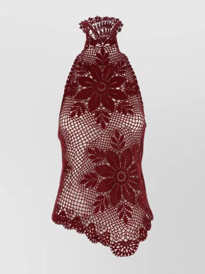 Magda Butrym Crochet Halterneck Top Floral Design In Burgundy