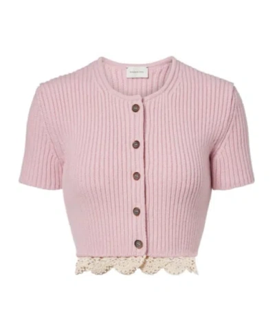 Magda Butrym Cropped Crochet-trimmed Ribbed-knit Cashmere Cardigan In Pink