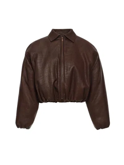 Magda Butrym Cropped Dark Brown Leather Bomber Jacket In Black
