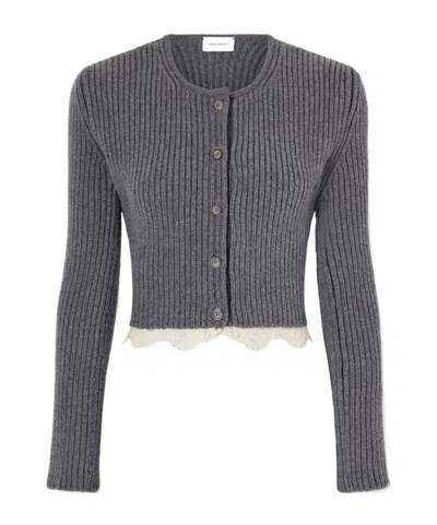 Magda Butrym Cropped Lace-trimmed Ribbed Wool Cardigan In Gray