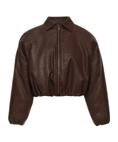 Magda Butrym Cropped Leather Bomber Jacket In Dark Brown