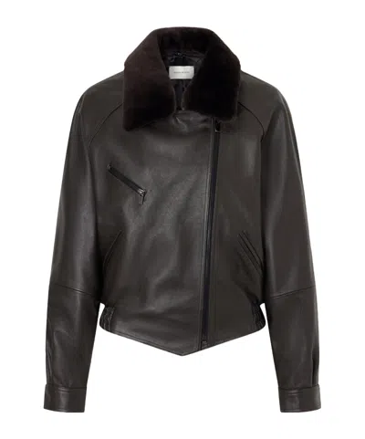 Magda Butrym Cropped Shearling-trimmed Leather Biker Jacket In Multi
