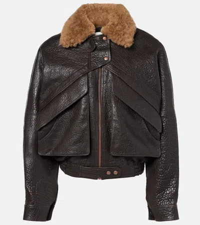 Magda Butrym Cropped Shearling-trimmed Leather Jacket In Brown