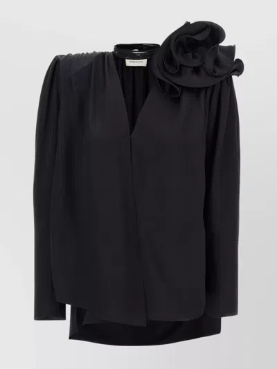 MAGDA BUTRYM DRAPED FLORAL V-NECK BLOUSE