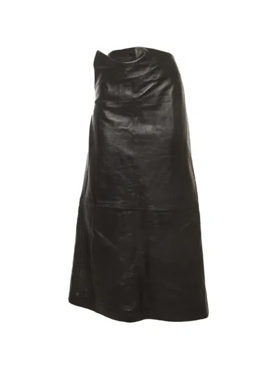 Pre-owned Magda Butrym Draped Leather Midi Skirt In Black