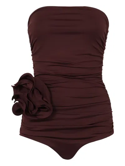 Magda Butrym Draped Rose-applique Swimsuit In Red