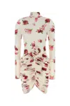 Magda Butrym Printed Jersey Mini Dress W/ Rose In Beige