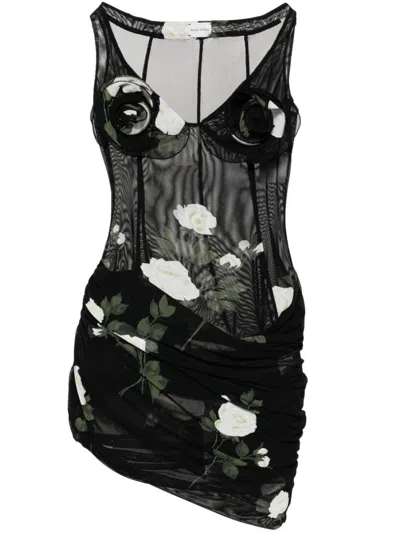 Magda Butrym Floral-applique Draped Minidress In ブラック