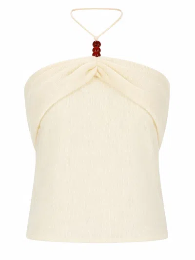 Magda Butrym Beaded Halterneck Top Ruched Sleeveless Design In Neutral