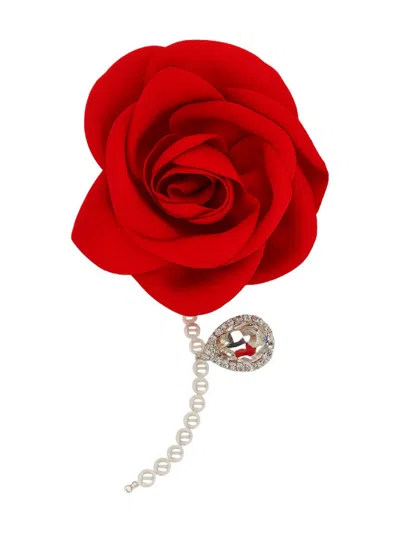 Magda Butrym Elegant Velvet Faux Pearl Crystal Earrings In Red