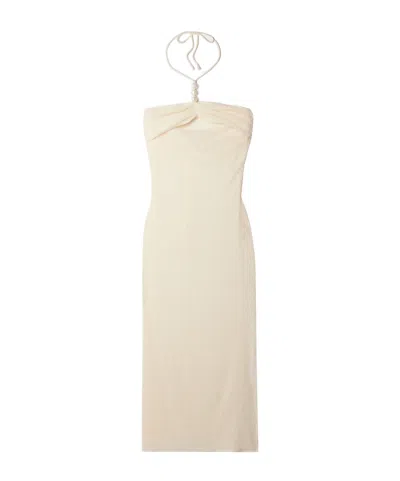 Magda Butrym Embellished Gathered Stretch Lyocell-blend Halterneck Maxi Dress In Neutral