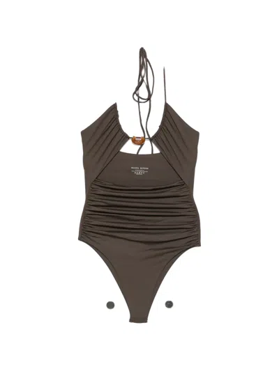 Magda Butrym Embellished Ruched Swimsuit In Brown
