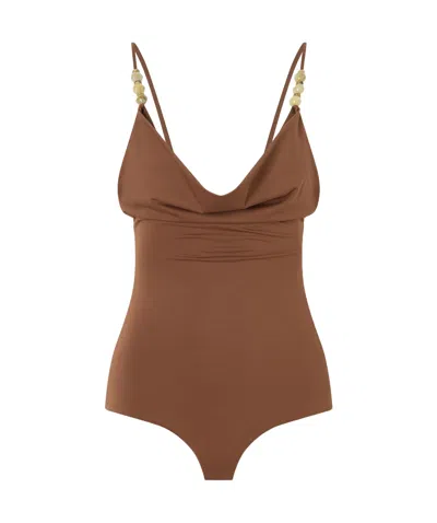 Magda Butrym Embellished Cowl-neck Swimsuit In Brown