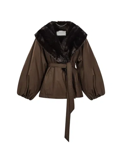 Magda Butrym Belted Faux Fur Trimmed Parka Coat In Brown