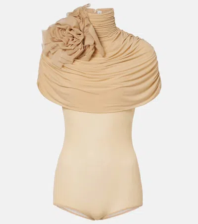 Magda Butrym Floral-appliqué Caped Jersey Bodysuit In Neutral