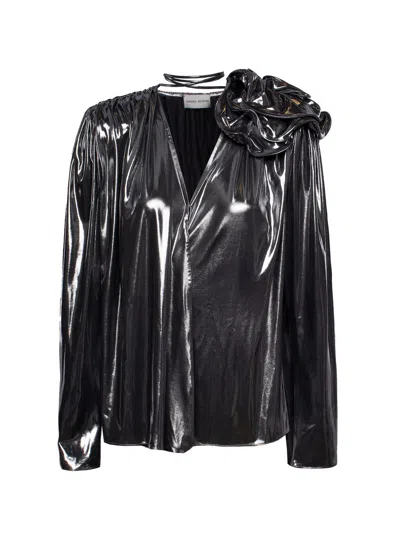 Magda Butrym Floral-appliqué Metallic Silk Blouse In Silver For Women In Black