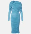 Magda Butrym Floral-appliqué Ruched Caped Midi Dress In Blue