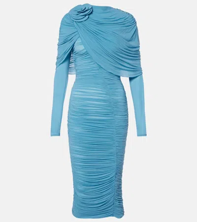 Magda Butrym Floral-appliqué Ruched Caped Midi Dress In Blue