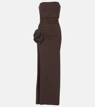 Magda Butrym Floral-appliqué Ruched Jersey Maxi Dress In Brown