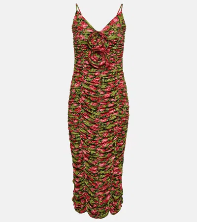 Magda Butrym Floral-appliqué Ruched Jersey Midi Dress In Green