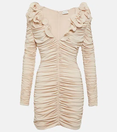 Magda Butrym Floral-appliqué Ruched Jersey Minidress In Light Beige