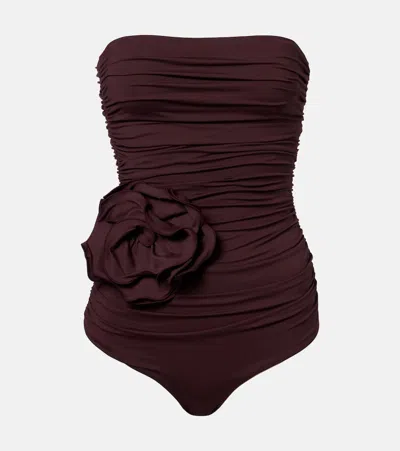 Magda Butrym Burgundy Floral Draped Swimsuit In Brown