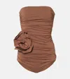 Magda Butrym Floral-appliqué Ruched Swimsuit In Brown