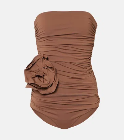 Magda Butrym Floral-appliqué Ruched Swimsuit In Brown