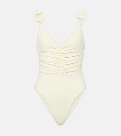 MAGDA BUTRYM FLORAL-APPLIQUÉ RUCHED SWIMSUIT