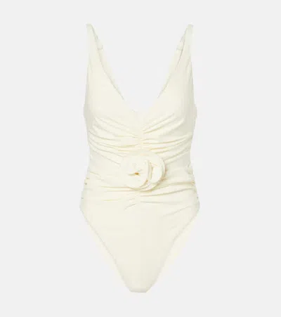 MAGDA BUTRYM FLORAL-APPLIQUÉ RUCHED SWIMSUIT