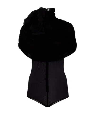 Magda Butrym Floral Appliqué Shawl-style Bodysuit In Black