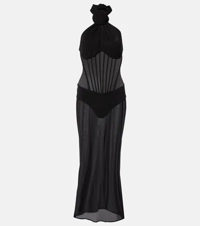 Magda Butrym Floral-appliqué Sheer Cocktail Dress In Black
